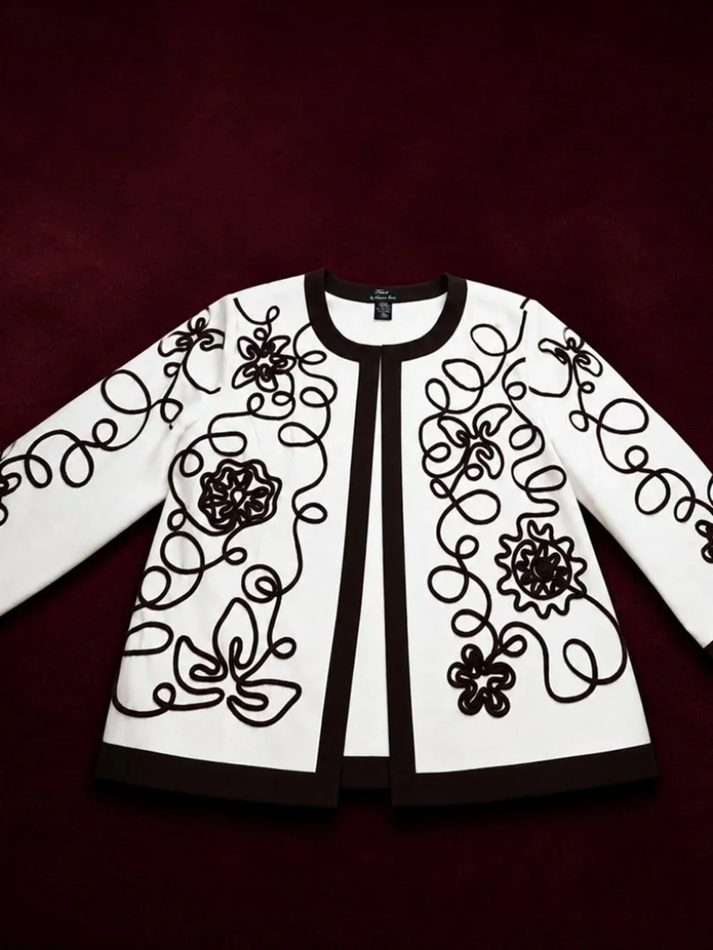 White Brown Floral Cord Embroidered Jacket XL Open Front Statement Layer